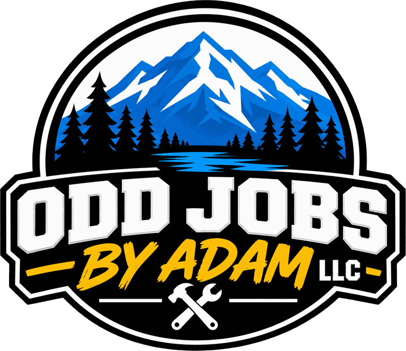 Odd Jobs by Adam LLC: mountain, pine trees and lake badge with a crossed hammer and wrench